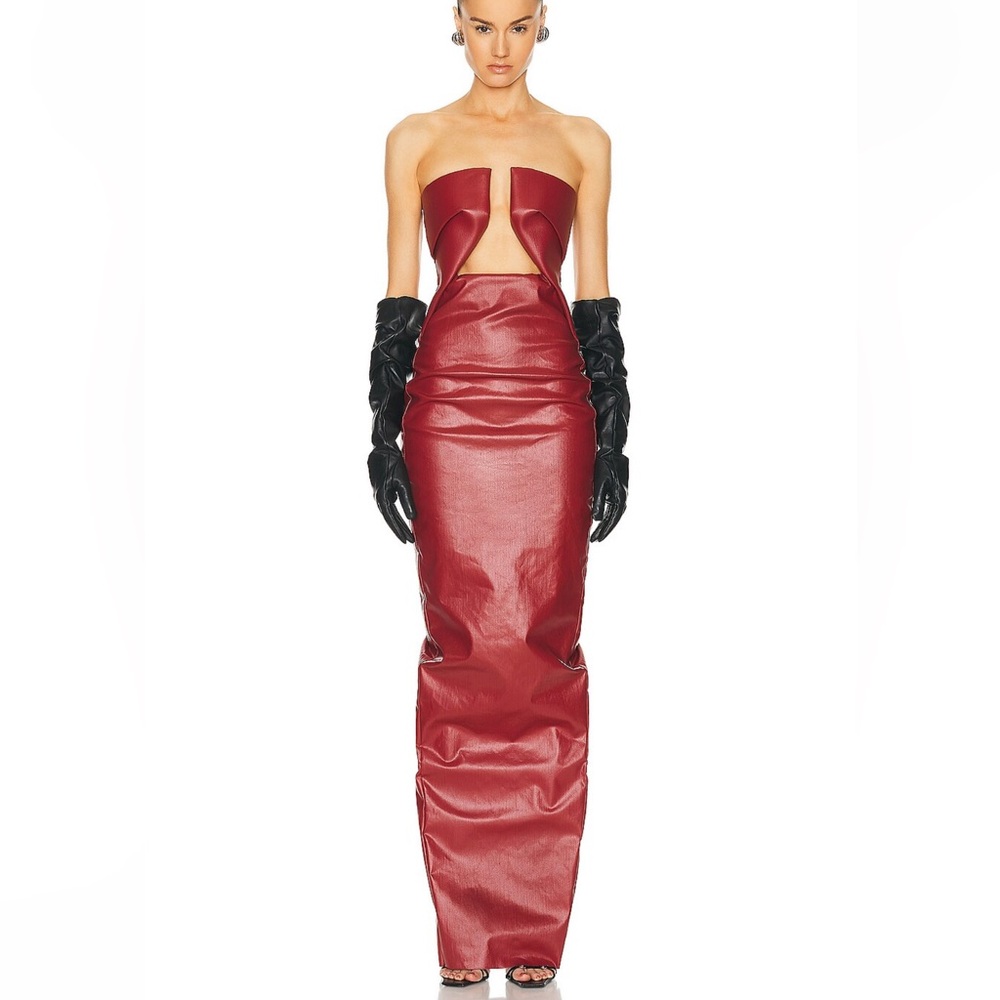 Rick Owen’s Red Leather Look Prong Dress Waxed Denim size 6 IT 42